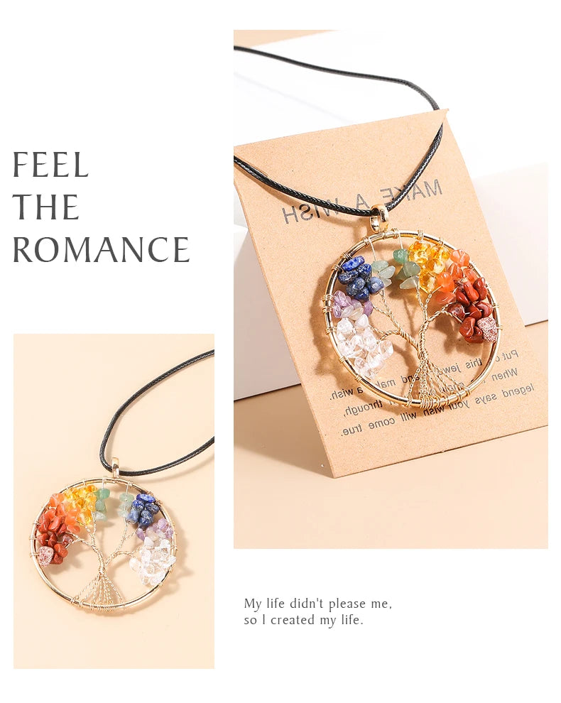 7 Chakras Tree Of Life Pendant Necklace Gold Color Wisdom Natural Crystal Chip Beads Reiki Healing Jewelry