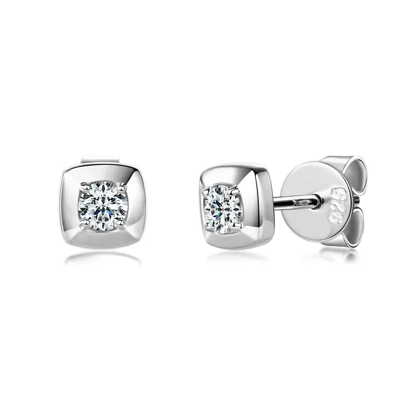 Round Moissanite Square Shape Stud Earrings for Women Men Genuine 925 Silver Minimalist Fine Jewelry Party Gift