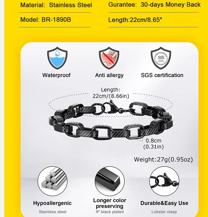 Punk Rock Chuky Chain Bracelets for Men Teens Boys, Stainless Steel Rectangle Links Chain Wristband New Jewelry
