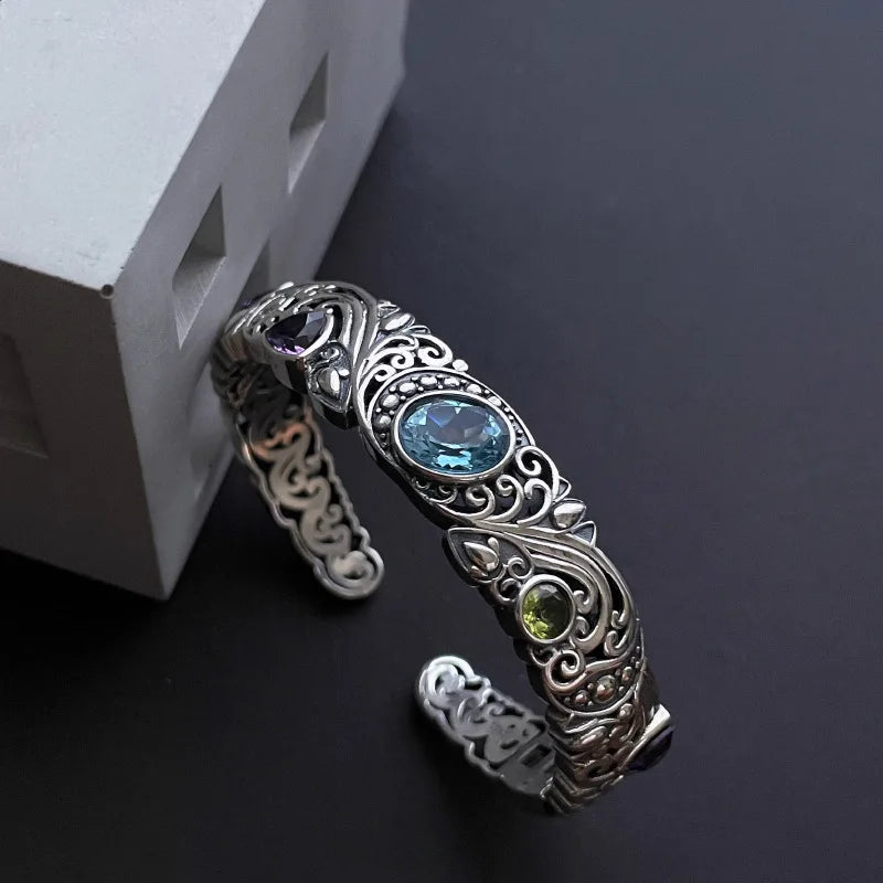 Vintage Carved Colored Zircon Cuff Bracelet Delicate Fashion