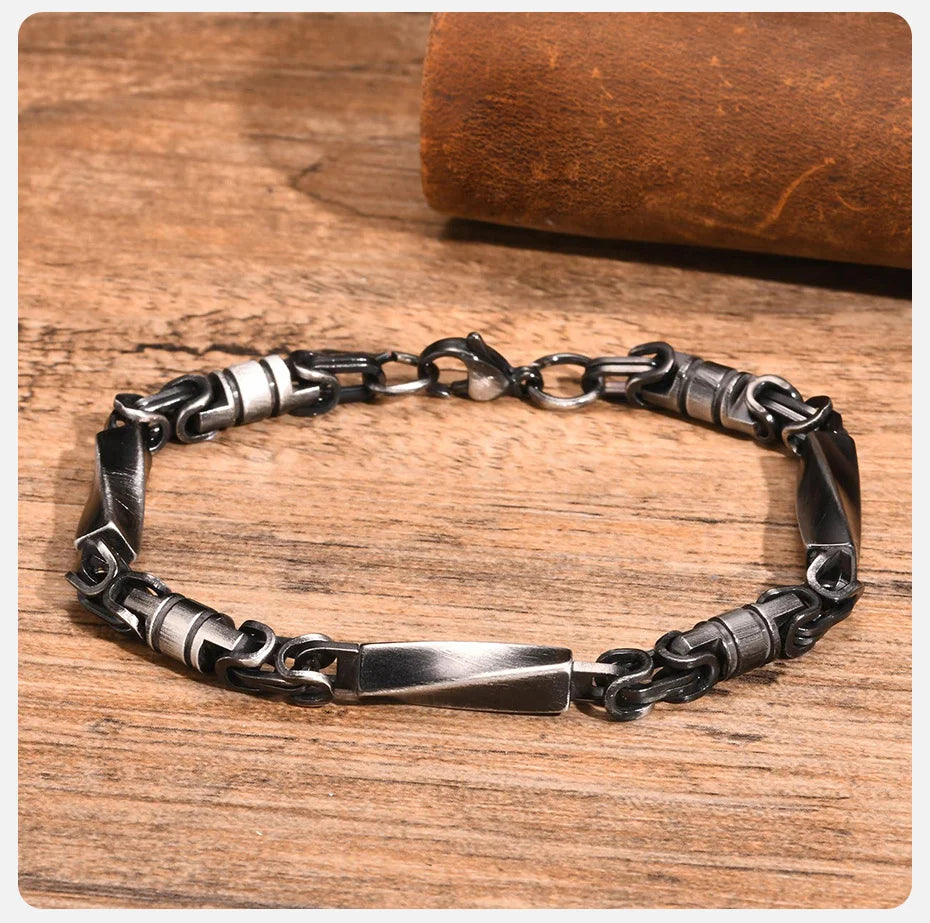 Stylish Stiching Byzantine Chain Mobius Metal Links Bracelets for Men Boys, Retro Oxidized Stainless Steel Rock Wristband