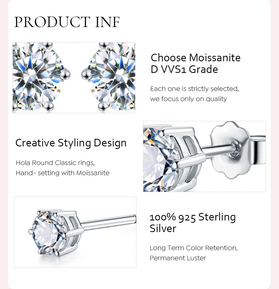 Certified Moissanite Stud Diamond Original 925 Sterling Silver 1 carat each