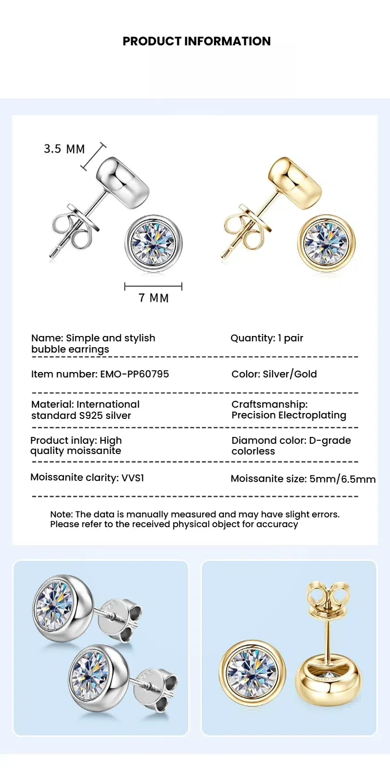 1.0ct White Moissanite Bubble Stud  S925 Sterling Silver 18K White Gold Plating,