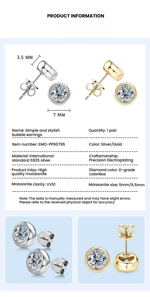 1.0ct White Moissanite Bubble Stud  S925 Sterling Silver 18K White Gold Plating,