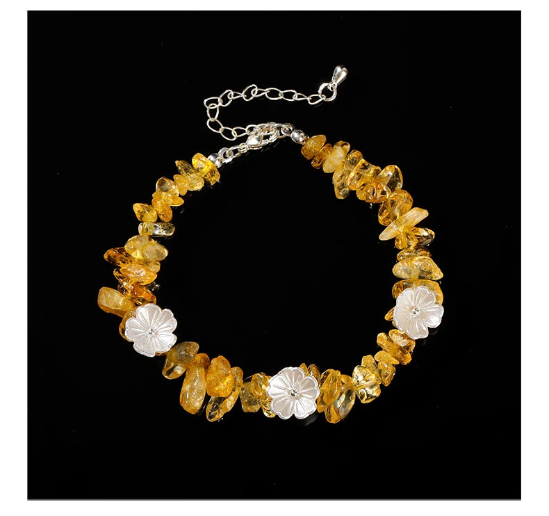 Irregular Natural Yellow Crystal Chips Shell Flower Chain Bracelet Bohe Reiki Healing Cyrstal Stone Bracelet