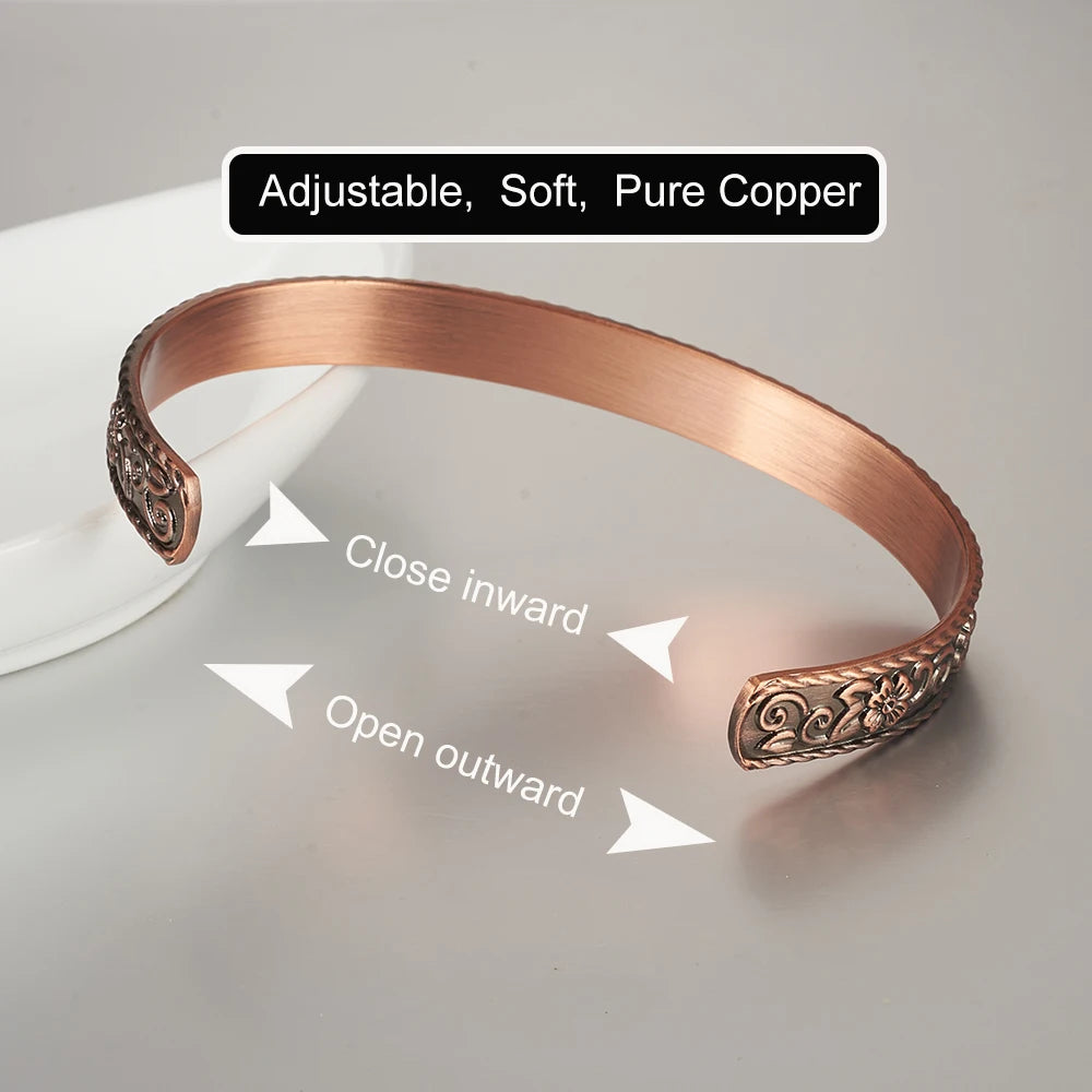 Pure Copper Bracelets Magnetic Butterfly Adjustable Vintage Flower Cuff Bangle 9.7mm Health Energy High Magnet Jewelry Resizable