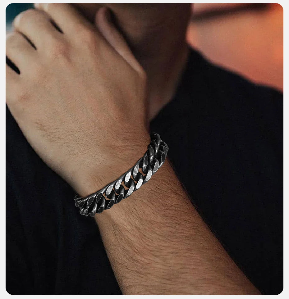 8mm Bold Heavy Stainless Steel Cuban Bracelets for Men Boys,Oxidized Metal Wristband,Punk Rock Chain Bracelet Jewelry