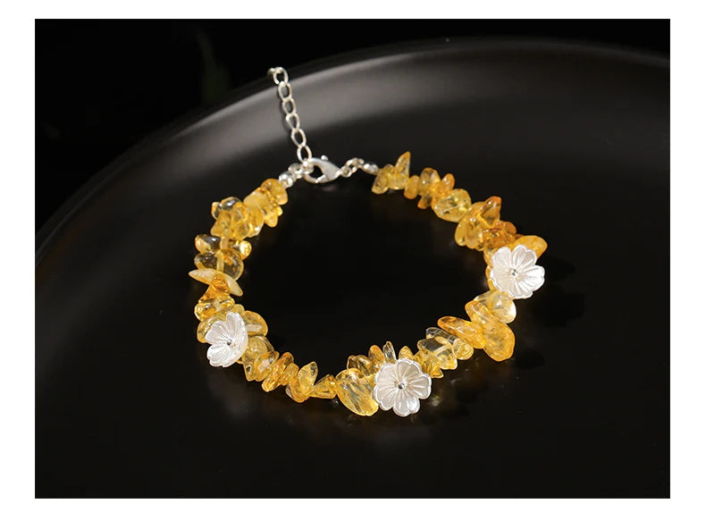 Irregular Natural Yellow Crystal Chips Shell Flower Chain Bracelet Bohe Reiki Healing Cyrstal Stone Bracelet