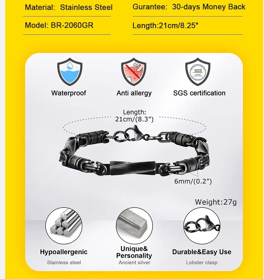 Stylish Stiching Byzantine Chain Mobius Metal Links Bracelets for Men Boys, Retro Oxidized Stainless Steel Rock Wristband