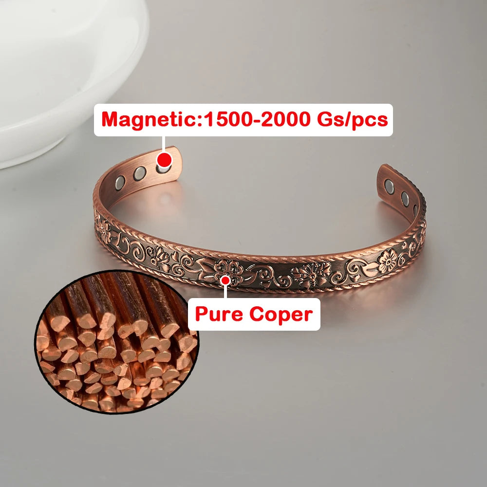 Pure Copper Bracelets Magnetic Butterfly Adjustable Vintage Flower Cuff Bangle 9.7mm Health Energy High Magnet Jewelry Resizable