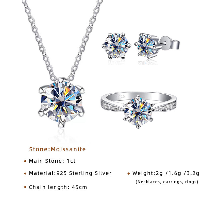 certified Moissanite 925 Sterling Silver Jewelry Set including ring, earrings, necklace, and pendant.