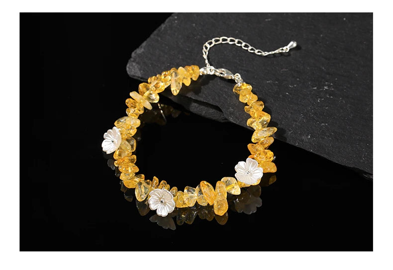 Irregular Natural Yellow Crystal Chips Shell Flower Chain Bracelet Bohe Reiki Healing Cyrstal Stone Bracelet