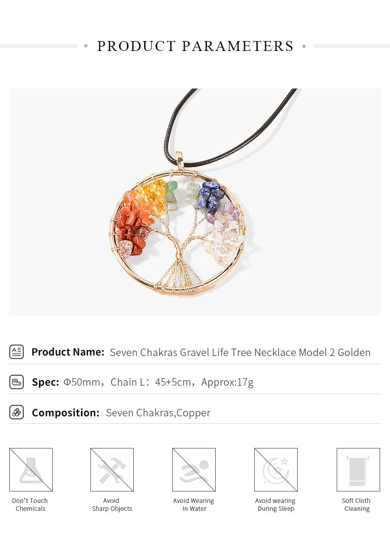 7 Chakras Tree Of Life Pendant Necklace Gold Color Wisdom Natural Crystal Chip Beads Reiki Healing Jewelry