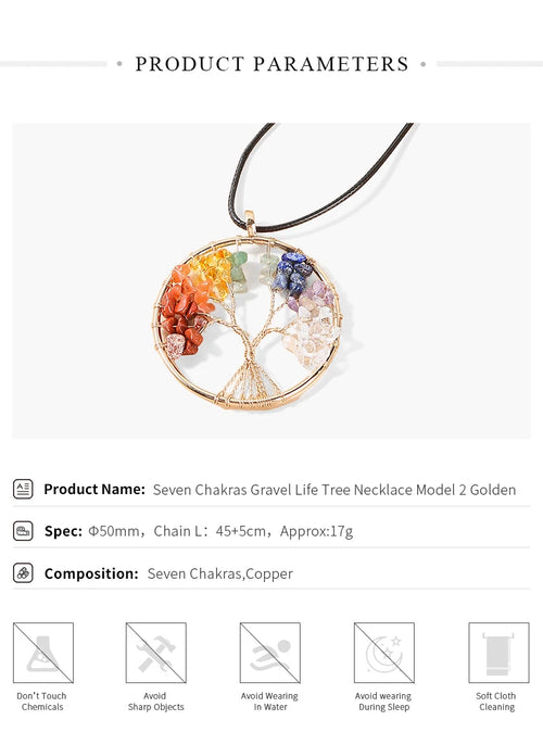 7 Chakras Tree Of Life Pendant Necklace Gold Color Wisdom Natural Crystal Chip Beads Reiki Healing Jewelry