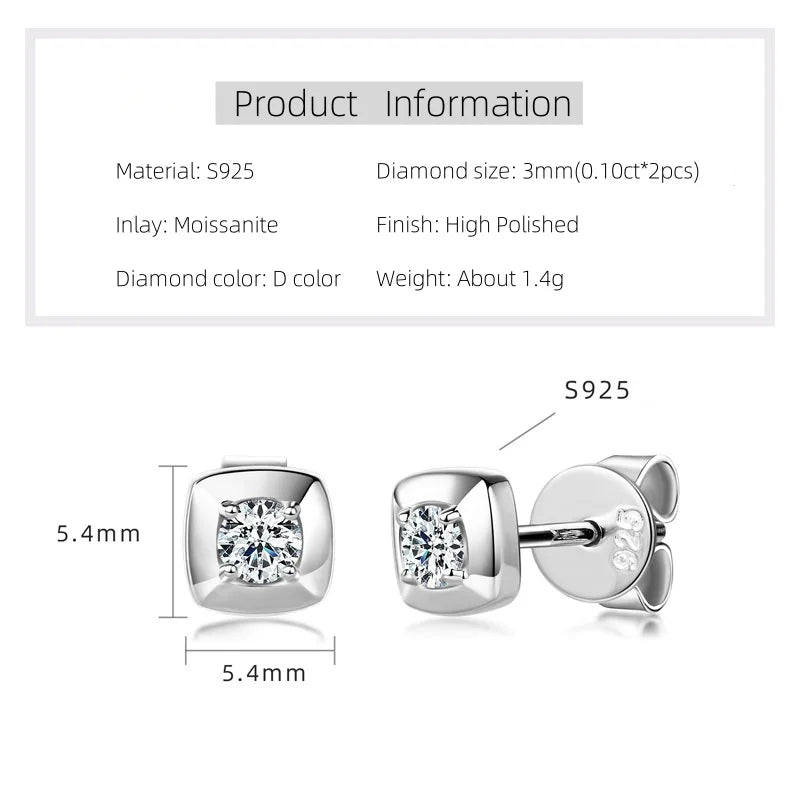 Round Moissanite Square Shape Stud Earrings for Women Men Genuine 925 Silver Minimalist Fine Jewelry Party Gift