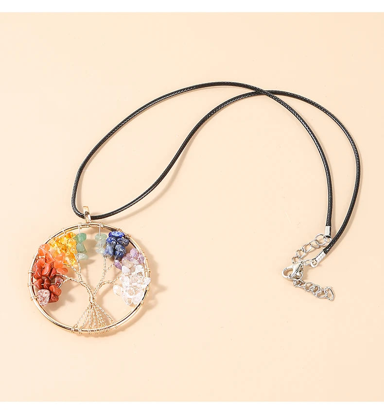 7 Chakras Tree Of Life Pendant Necklace Gold Color Wisdom Natural Crystal Chip Beads Reiki Healing Jewelry