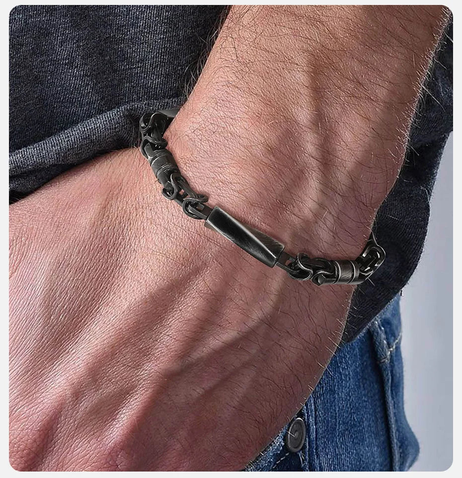 Stylish Stiching Byzantine Chain Mobius Metal Links Bracelets for Men Boys, Retro Oxidized Stainless Steel Rock Wristband