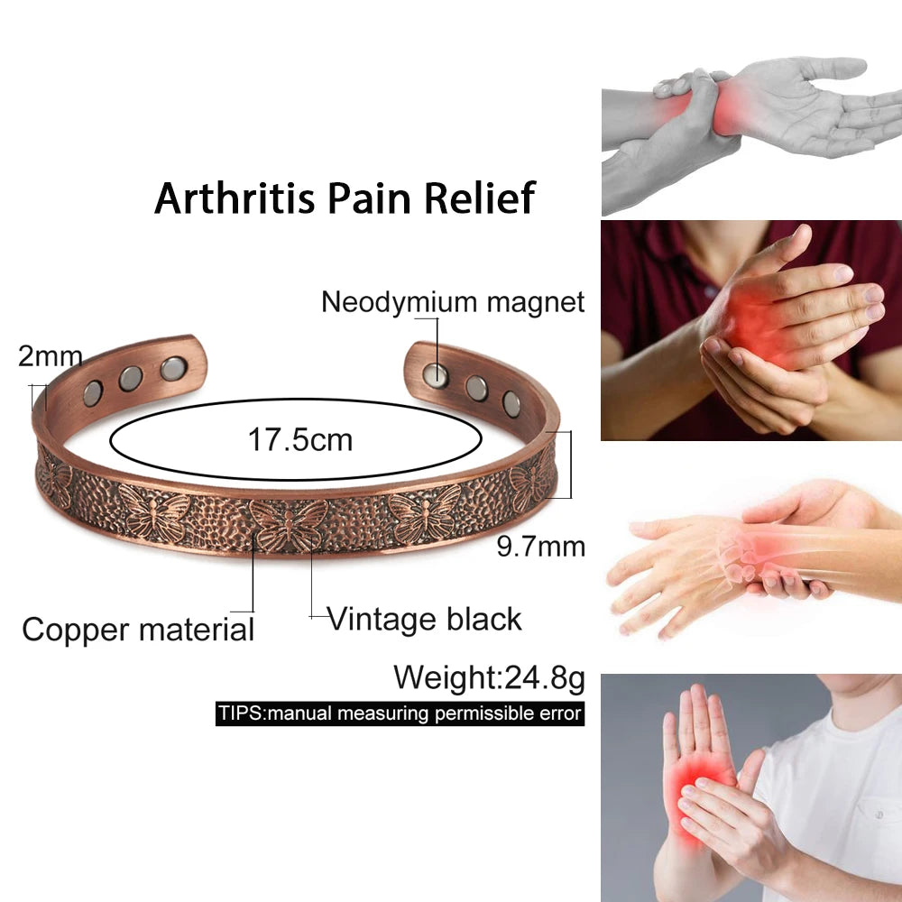 Pure Copper Bracelets Magnetic Butterfly Adjustable Vintage Flower Cuff Bangle 9.7mm Health Energy High Magnet Jewelry Resizable