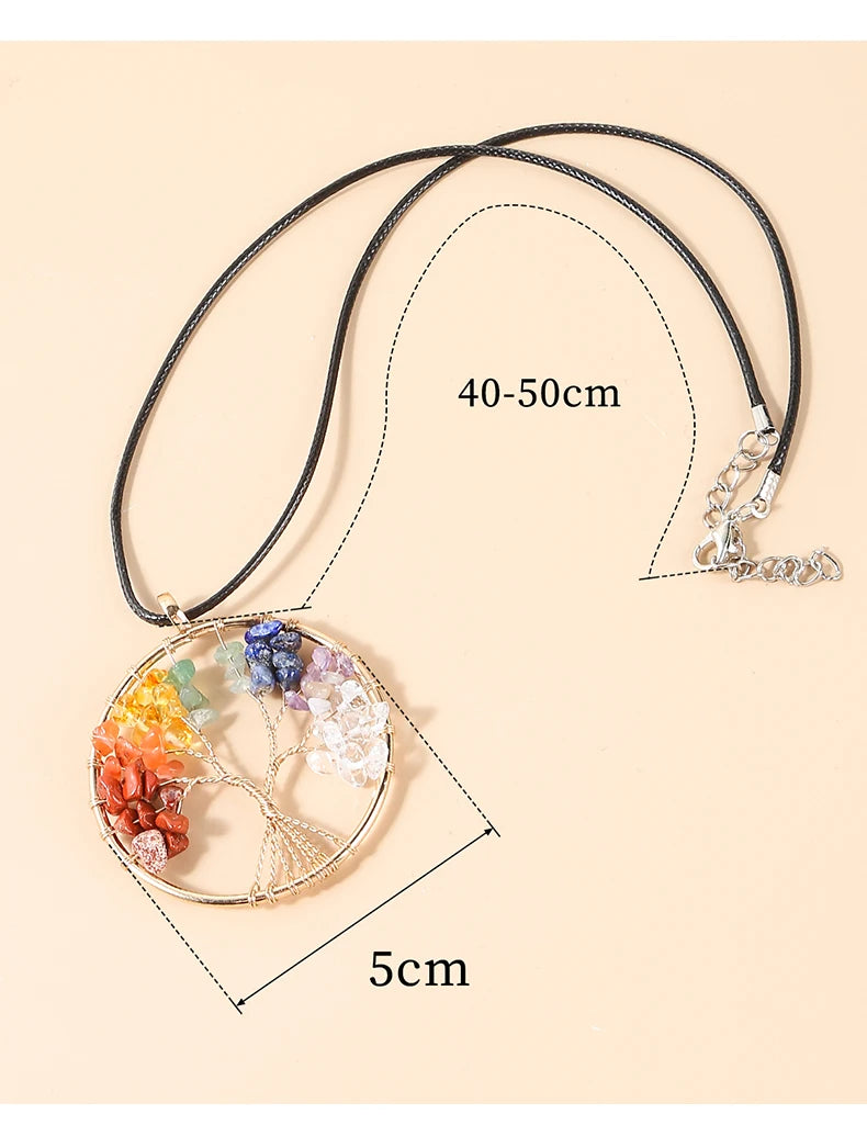 7 Chakras Tree Of Life Pendant Necklace Gold Color Wisdom Natural Crystal Chip Beads Reiki Healing Jewelry