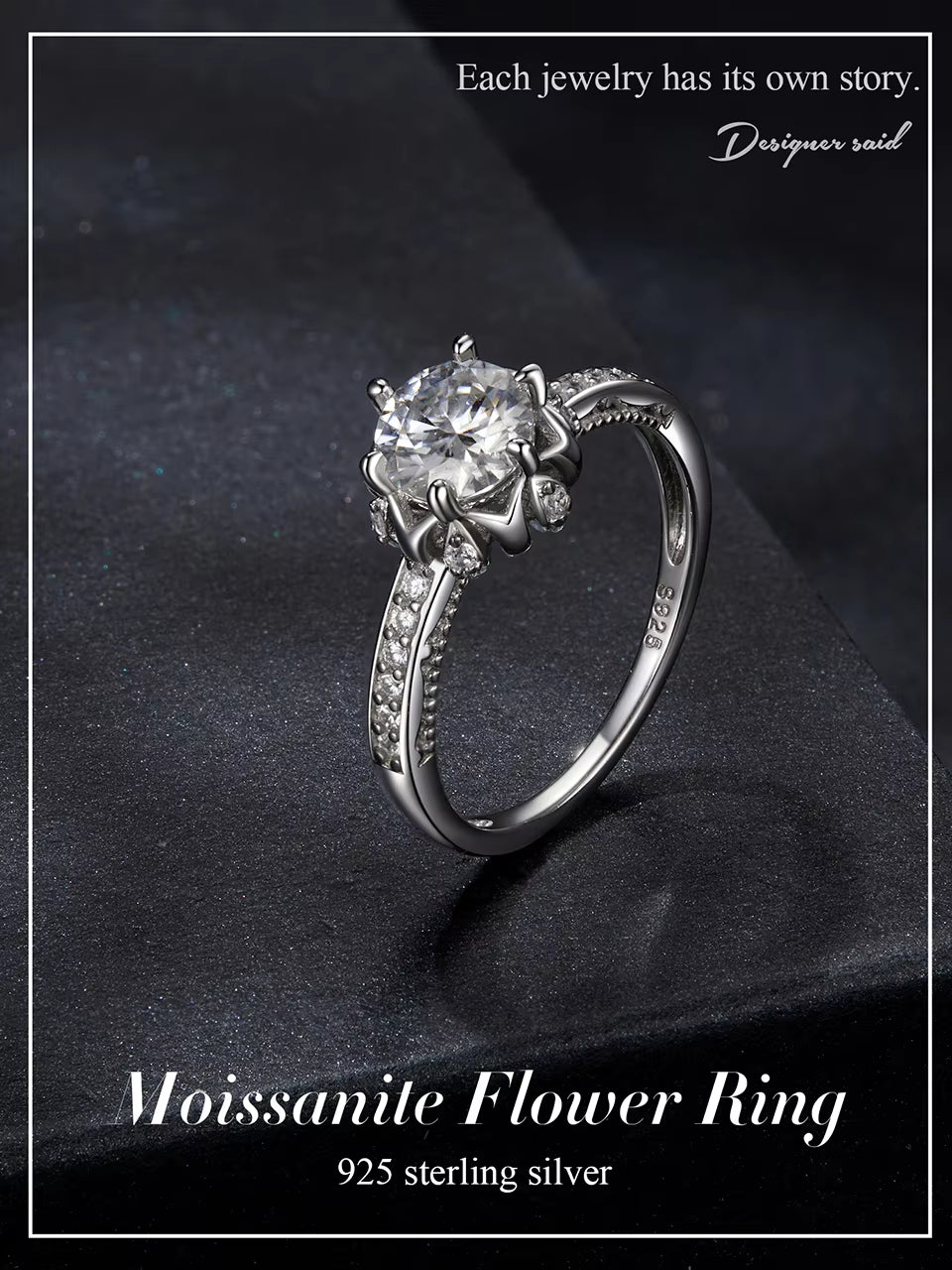 Moissanite Flower Ring 1ct Round Moissanite Diamond Solitaire Engagement 925 Sterling Silver Rings
