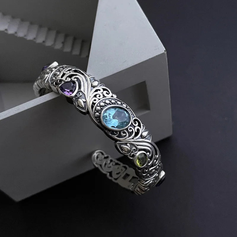 Vintage Carved Colored Zircon Cuff Bracelet Delicate Fashion