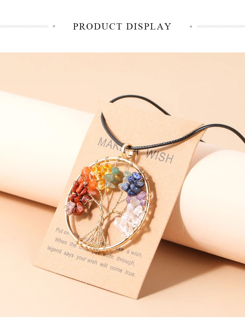 7 Chakras Tree Of Life Pendant Necklace Gold Color Wisdom Natural Crystal Chip Beads Reiki Healing Jewelry