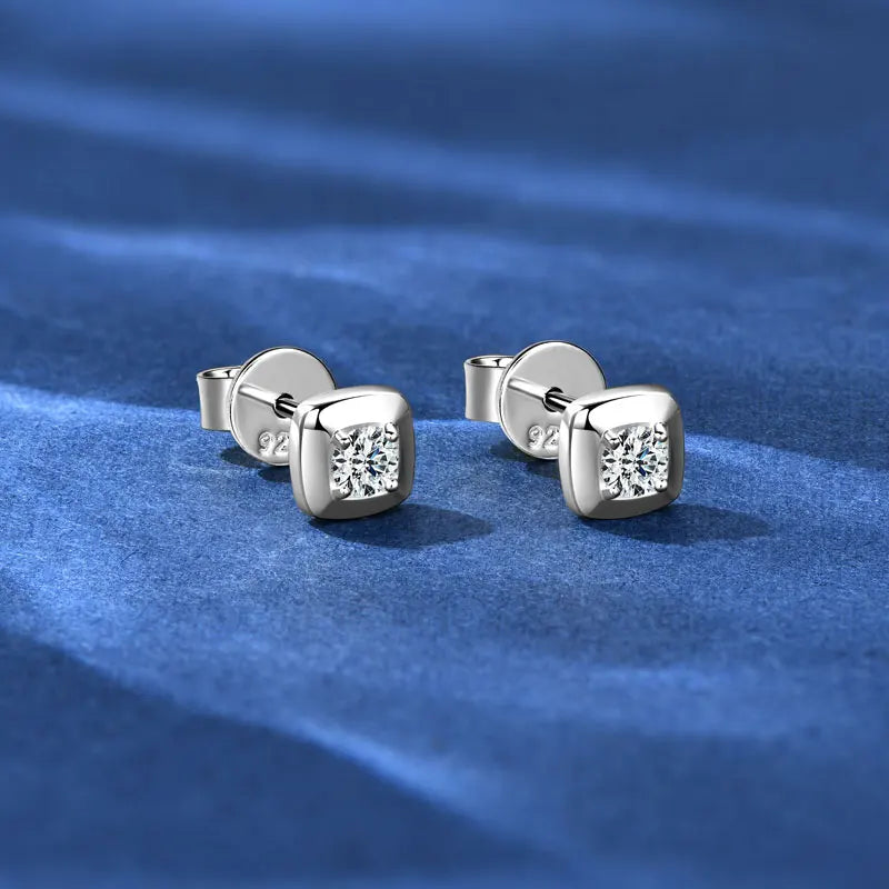 Round Moissanite Square Shape Stud Earrings for Women Men Genuine 925 Silver Minimalist Fine Jewelry Party Gift