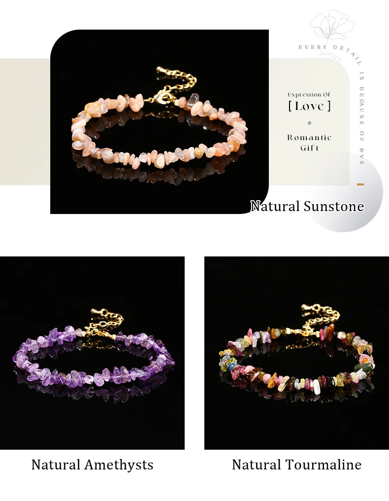 Natural Sunstone Irregular Gravel Chips Chain Bracelet Women Reiki Healing Adjustab