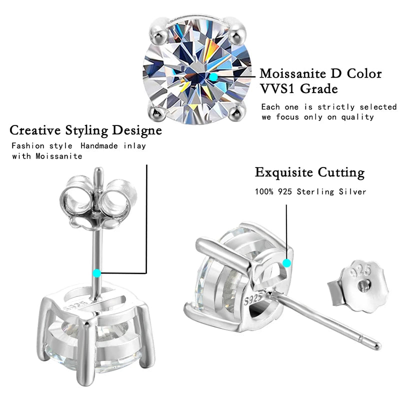 Moissanite Earrings For Women  Ear Studs 100% 925 Sterling Silver