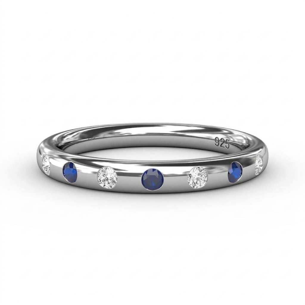 Genuine Sapphire & Cubic Zirconia 925 Sterling Silver Ring