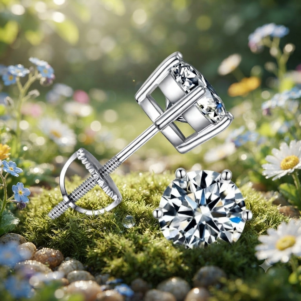 Certified Moissanite Screw Lock Ear Studs - Italian 925 Sterling Silver, 18K White Gold Plated