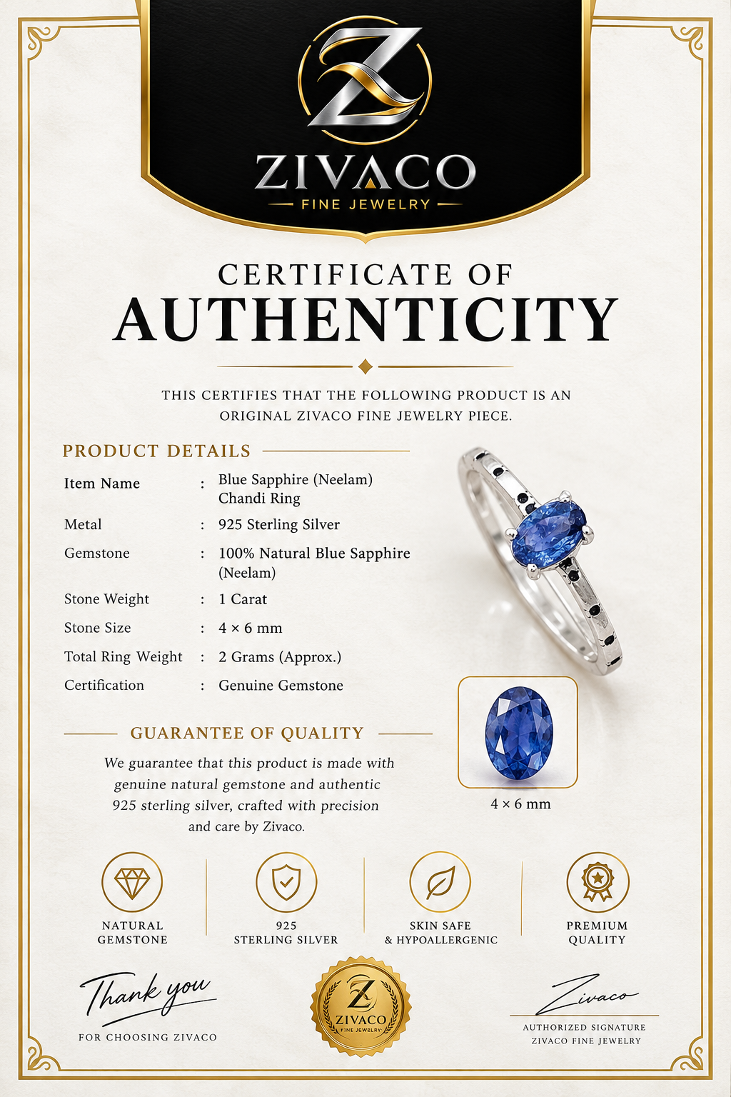 Natural Blue Sapphire (Neelam) Chandi Ring – 925 Sterling Silver