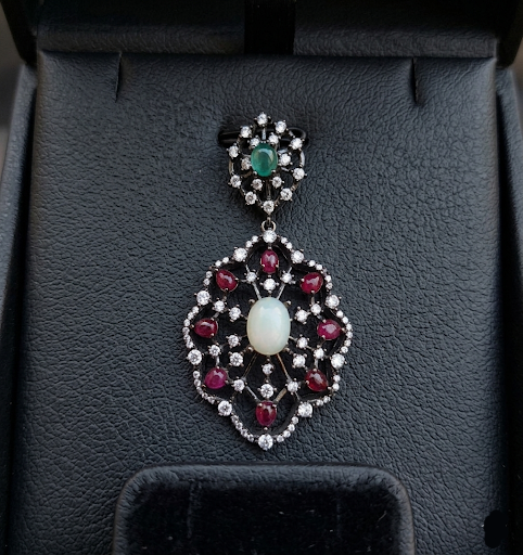Natural Gemstone Pendant – Emerald, Ruby & Moonstone | 925 Sterling Silver